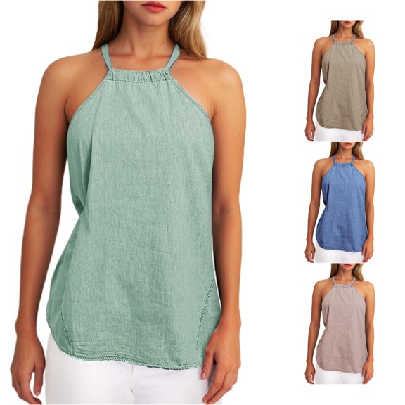 Rggeeun Women Tank Tops Flowy Camisole Plus Size With Spaghetti Strap Halter Solid Color Backless Loose Fit For Summer Yoga Party Night Stylish Sleeveless,Green,S