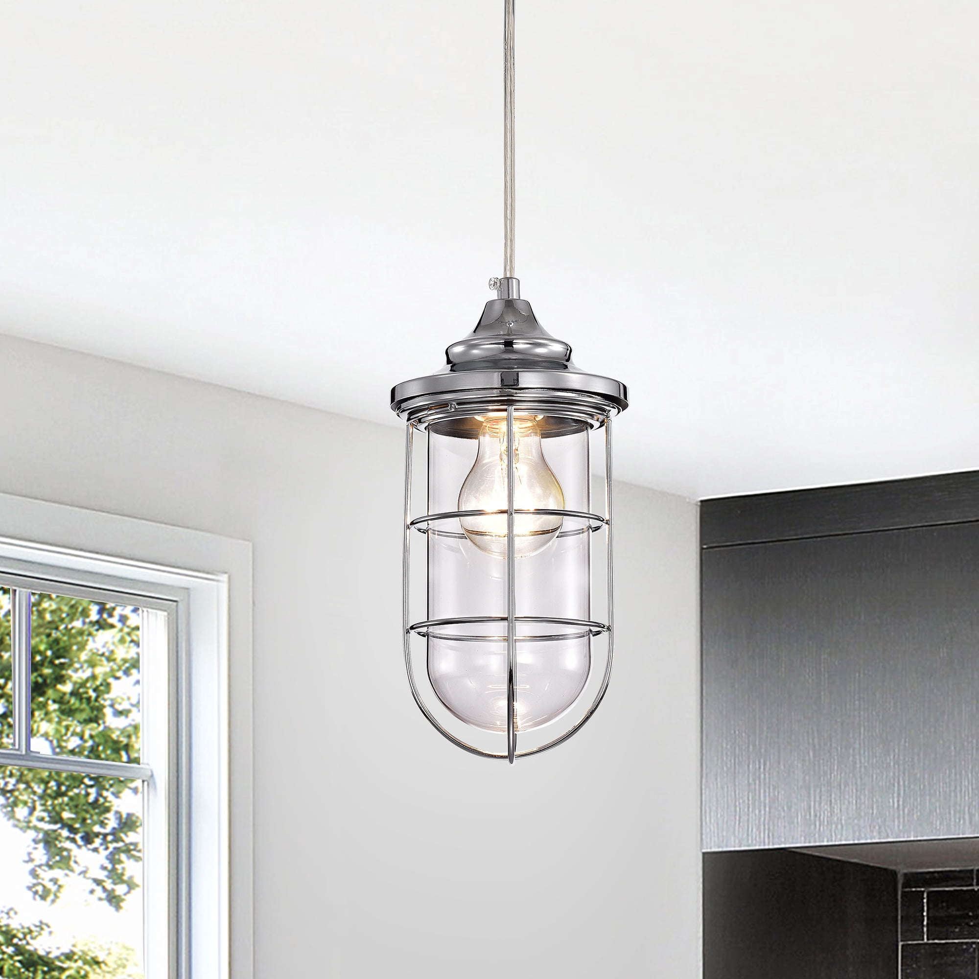 Warehouse of Tiffany Tiago Chrome 1 Light Clear Glass Shade Pendant Lamp