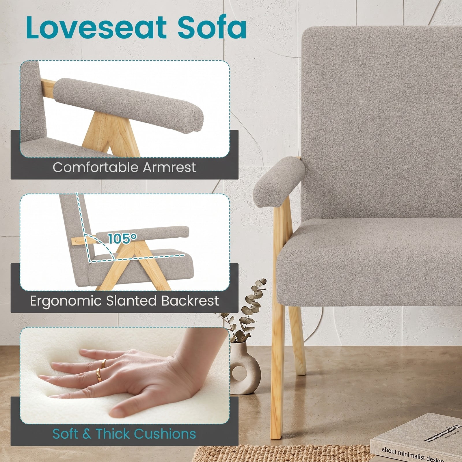 Furnibear Modern Loveseat Sofa for Small Spaces, Upholstered 2-Seat Couch with Cushioned Armrests, Soft Sherpa Fabric Loveseat on Sturdy Rubber Wood Legs for, Gray