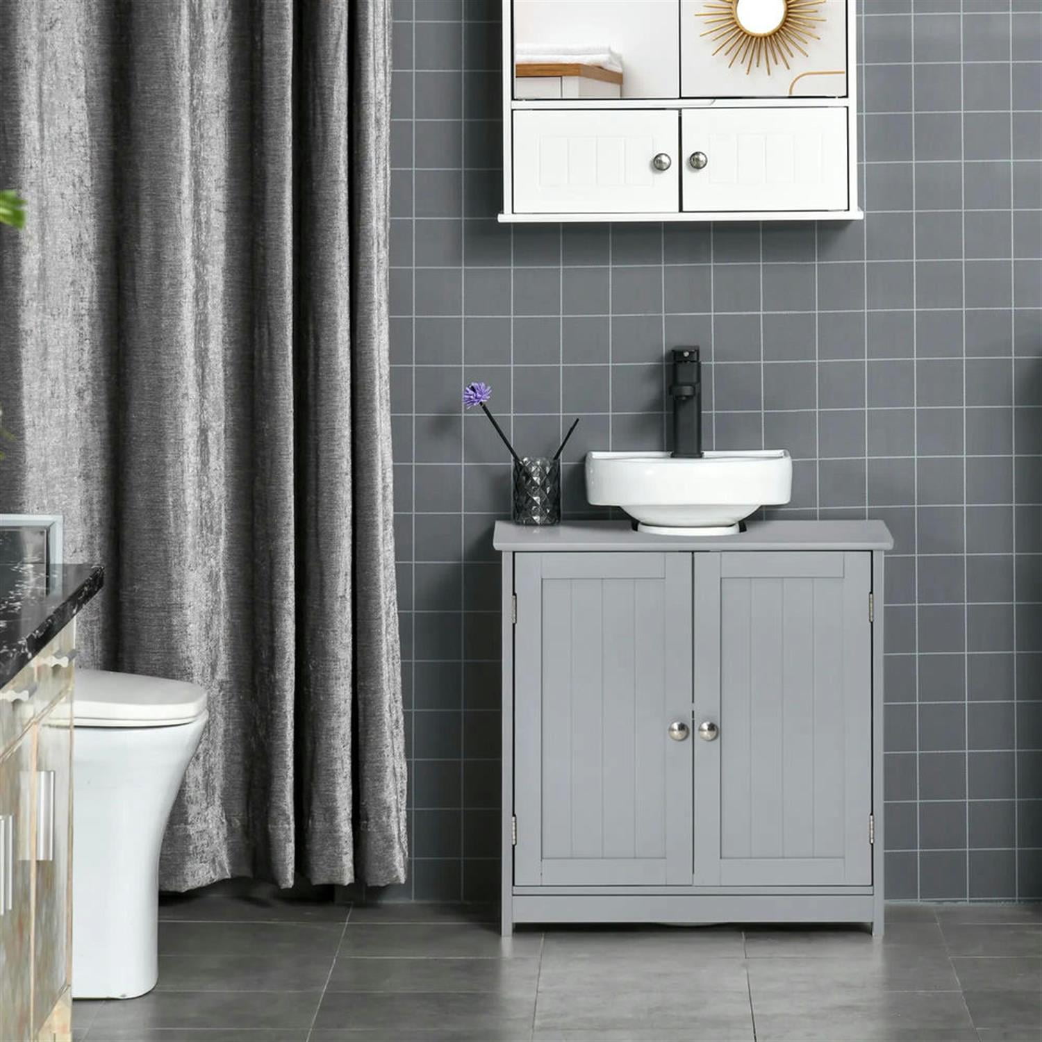 Demi Bonn 23" Bathroom Vanity with U-Shape Cut-Out and Adjustable Internal Shelf, Pedestal Sink 2-Door Cabinet, Under Sink Cabinet, Gray