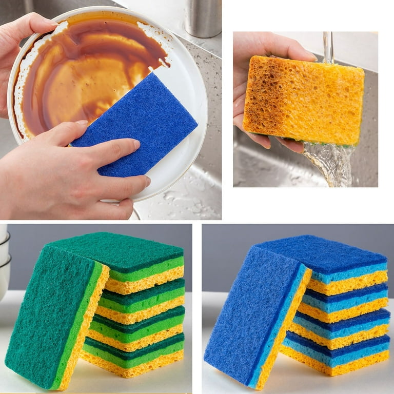 Double-Sided Dishwashing Sponge Kitchen Heavy Duty Scrub Sponge Wood Pulp Cotton CleaningBrush 1/5/10pcs, Blue