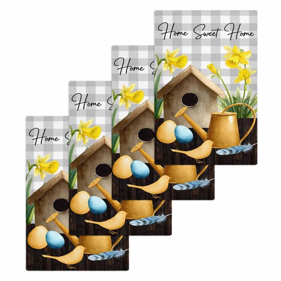 Spring Kitchen Dish Towels for Drying Dishes Set of 4, Country House Eggs Birds Botanical Floral Plaid Waffle Weave Microfiber Hand Tea Bathroom Towels Quick Dry & Absorbent Towel 15.7x23.6
