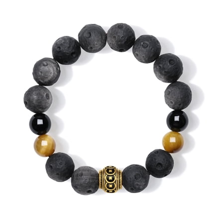 ZHOU LIU FU Obsidian Beaded Bracelet with 24K Solid Gold Chinese Coin Charm - Tiger's Eye Black Agate Lucky Jewelry Gift for Men 7.9"