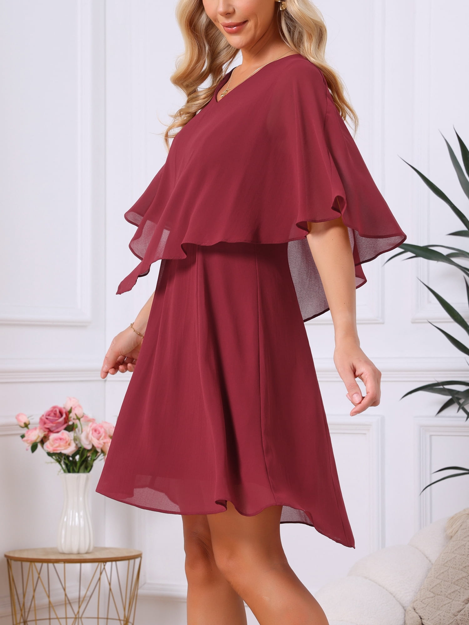 DARING DIVA Women's Chiffon Half Sleeve V Neck Wedding Guest Dress S Wine Red