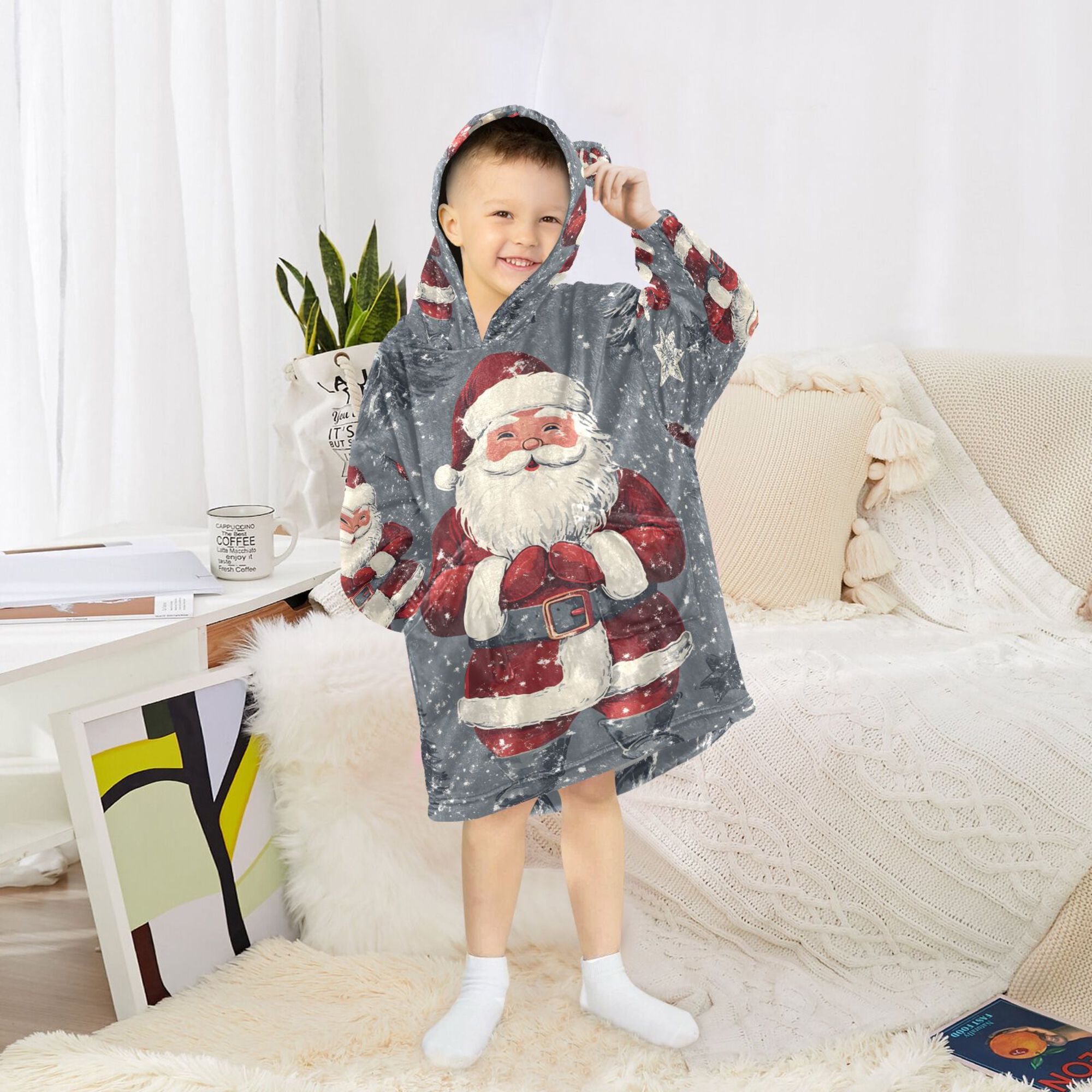 FORMRS Wearable Blanket Hoodie with Sleeves for Kids Cozy Flannel Sweatshirt, Christmas Santa