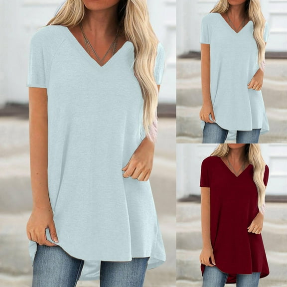 Jacenvly 2024 short sleeve summer shirts for women Loose Women's T-Shirt Summer Casual Blouse Basic Tee Tunic Tops Quick drying Solid Ruffle Trim Flouncev neck t shirts plus size tops Red