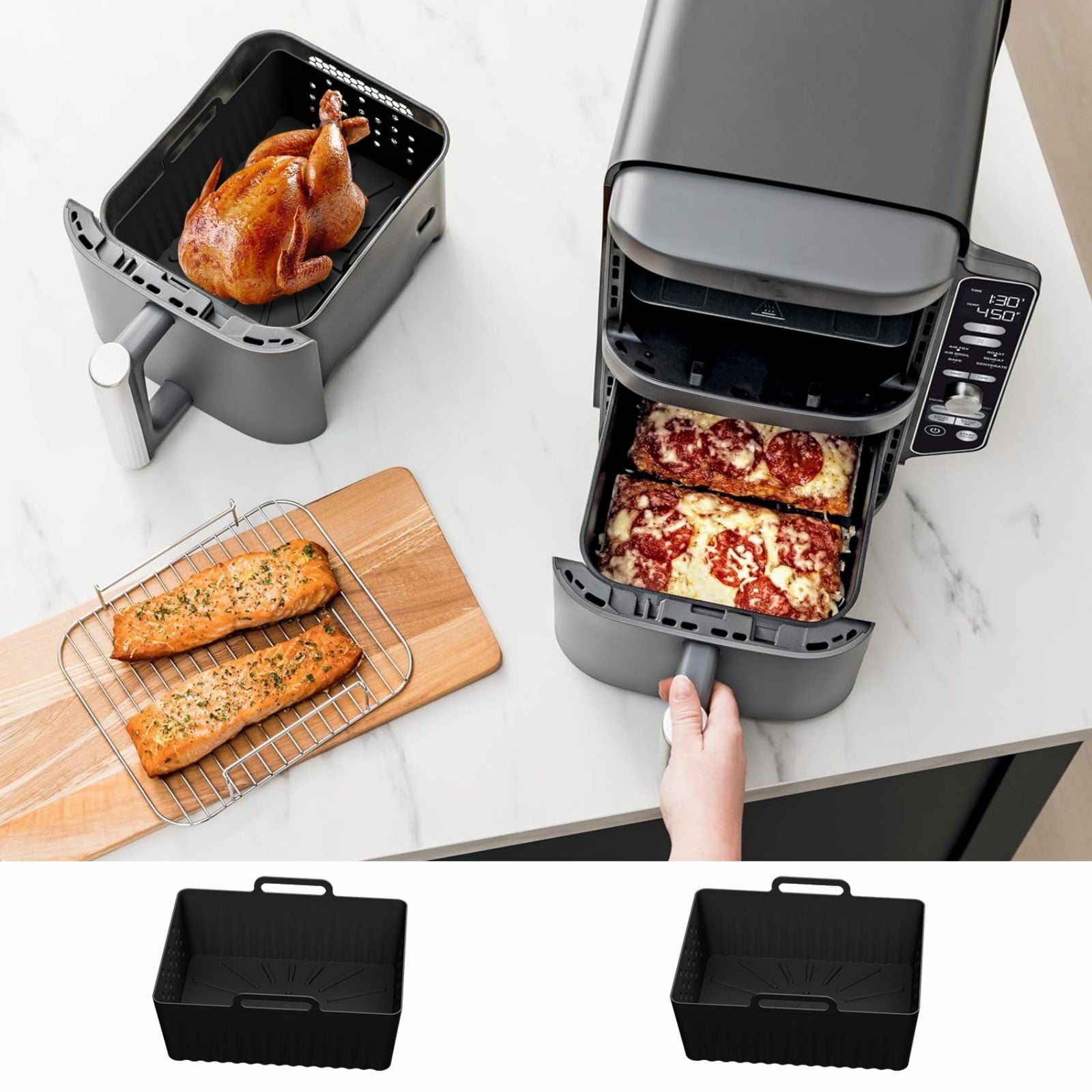 Weloille Air Fryer Silicone Baking Mats 2PCS Set, Double Layer Blue Gray Healthy Material BPA Free Easy Demould for Efficient Cooking