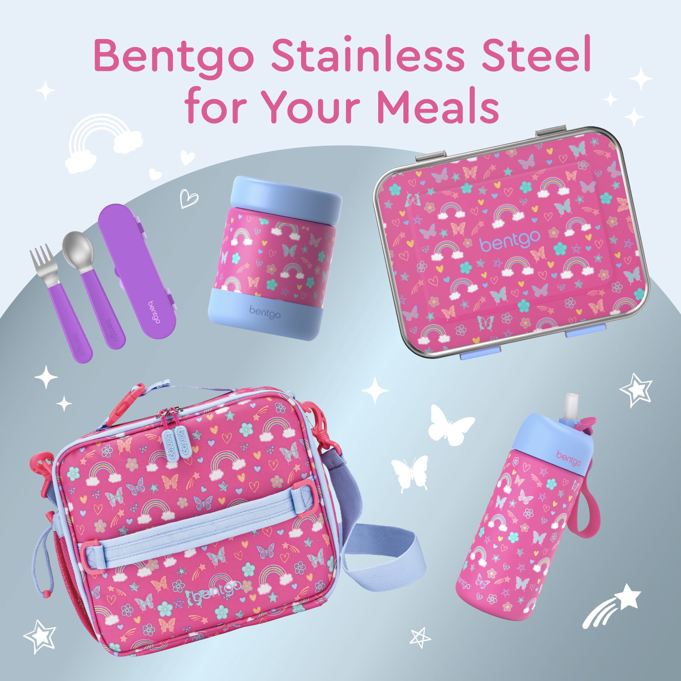 Bentgo Kids Stainless Steel Prints Leak-Resistant Lunch Box - 3-Compartments with Silicone Container, Durable, Eco-Friendly, Dishwasher Safe, for School, Ages 3+ (Rainbows & Butterflies)