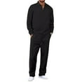 thumbnail image 2 of Men's Spring Fall 2-Piece Casual Set, Long Sleeve Striped Shirt and Half-Zip Square Neck Top with Drawstring Pants, Stylish Waffle Knit Outfit,Black,M, 2 of 8
