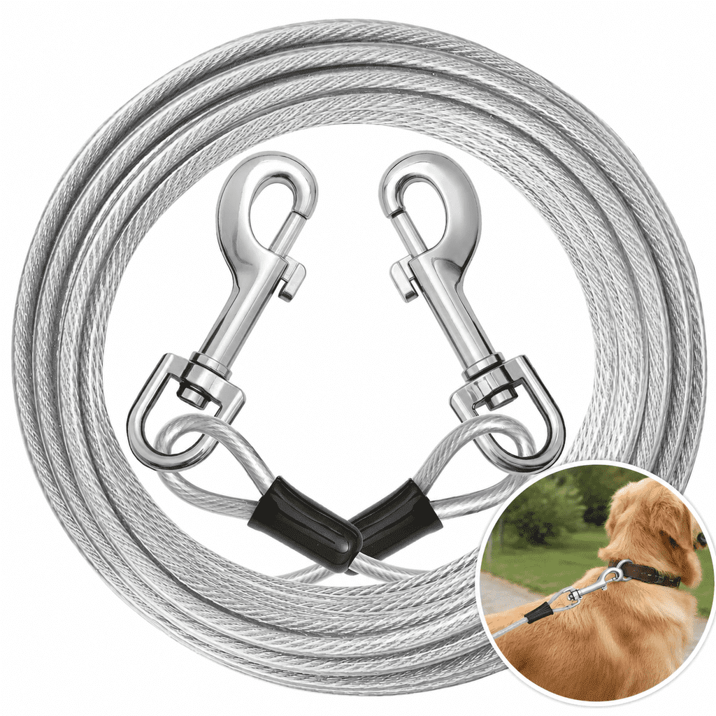 1 Pack Heavy Duty Stainless Steel Dog Tie Out Cable, 3m x 4mm Dual Carabiner Rustproof Moisture Resistant Runner Line for Yard Camping Small Large Dogs Up to 125lbs