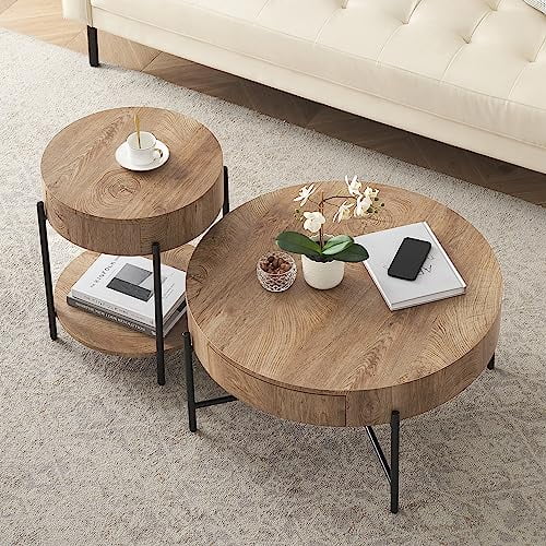 CABIHOME Round Coffee Table with Two Drawers Circle Center Table with Storage Farmhouse Coffee Table Living Room Wood Look Cocktail Table with Metal Frame Natural