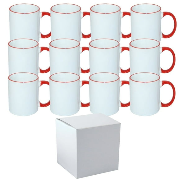 Mugsie 12 Pcs 11OZ Red Rim & Handle Sublimation Mugs With Individual White Boxes
