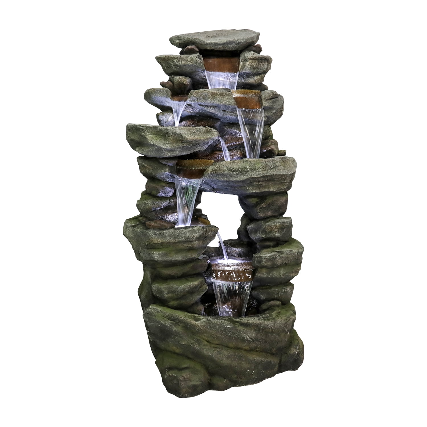 7-Tiers Rocks Outdoor Garden Water Fountain- 60" High Large Cascading Waterfall Floor Standing Water Features with LED Lights for Garden and Patio Decor