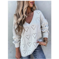 thumbnail image 1 of Women Casual Solid Color Sweater, V Neck Long Sleeve Hollow Out Heart Shape Ribbed Knitted Sweaters Outfits, 1 of 6