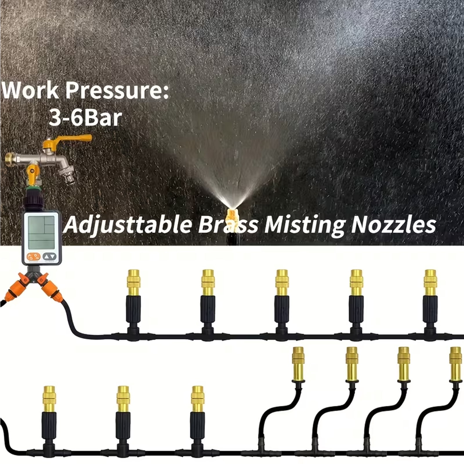 Brass Misting Irrigation Set with 1/4" Adjustable Nozzles,360° Bendable Drip Irrigation Kits for Garden,Greenhouse,Patio Misting,Outdoor Cooling