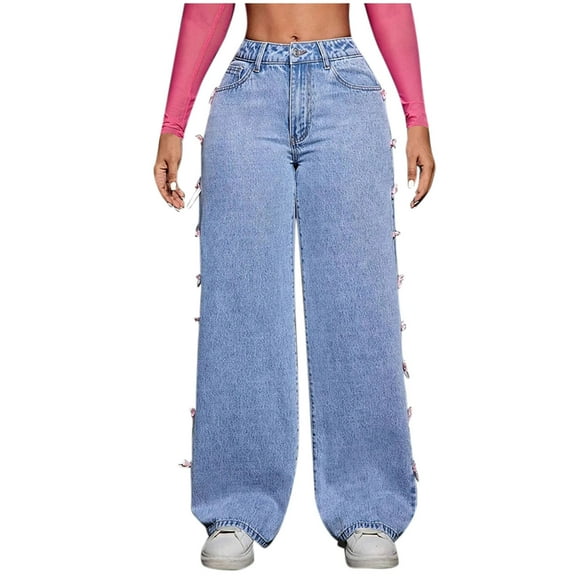 Pxkloy Womens High Waist Jeans Ribbon Bow Butt Lifting Trousers Wide Leg Stretchy Denim Pants Casual Trendy Pants 2026 Light Blue,L