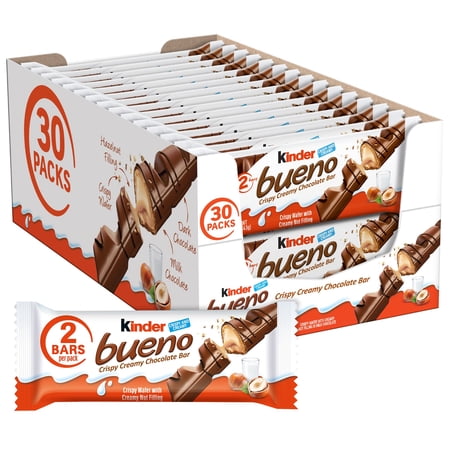 Kinder Bueno Milk Chocolate and Hazelnut Cream Candy Bar, 30 Packs, 2 Individually Wrapped Bars Per Pack