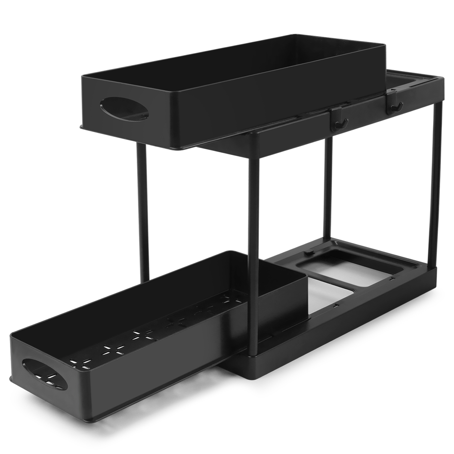 Pull Out Under Sink Cabinet Organizer, 2-Tier Sliding Storage Drawer Basket Organizer for Kitchen Bathroom with Hooks