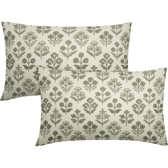Olive Green Floral Pillow Covers 12x20 Inch Set of 2, Block Print Lumbar Flower Cream Decorative Throw Pillowcases Outdoor Farmhouse Rectangle Cushion Covers Spring Summer Sofa Couch Bed Decor