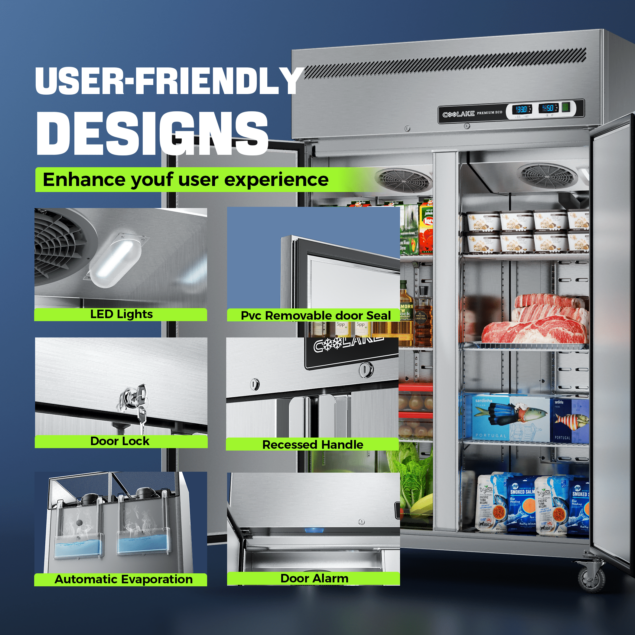 Coolake Commercial Refrigerator And Freezer Combo, 48" W Dual Temperature Zones, 36 Cu.ft 2 Door