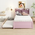 thumbnail image 2 of Mirightone Twin Trundle Bed, Solid Wooden Pull Out Bedframe, Extendable Day Bed with Bookcase Headboard and Soild Wood Slats Support, Pink, 2 of 7