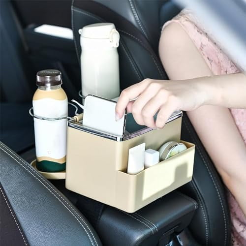 Car Armrest Storage Box, 2024 Creative Car Seat Organizer with Foldable Cup Holder, Car Console Side Organizer, Multifunctional Car Seat Organizer for Water Cup, Paper Towels, Mobile Phones (Beige)