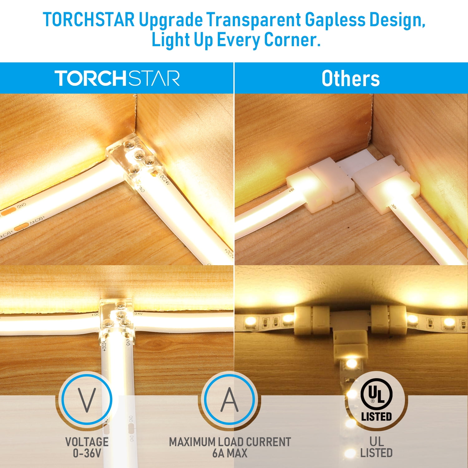 2 Pack 2 Pin 10mm LED Strip Light Connectors UL Listed, T & L Shape Two-in-One Design, Strip to Strip Corner Connection Transparent Gapless Solderless Unwired Clips