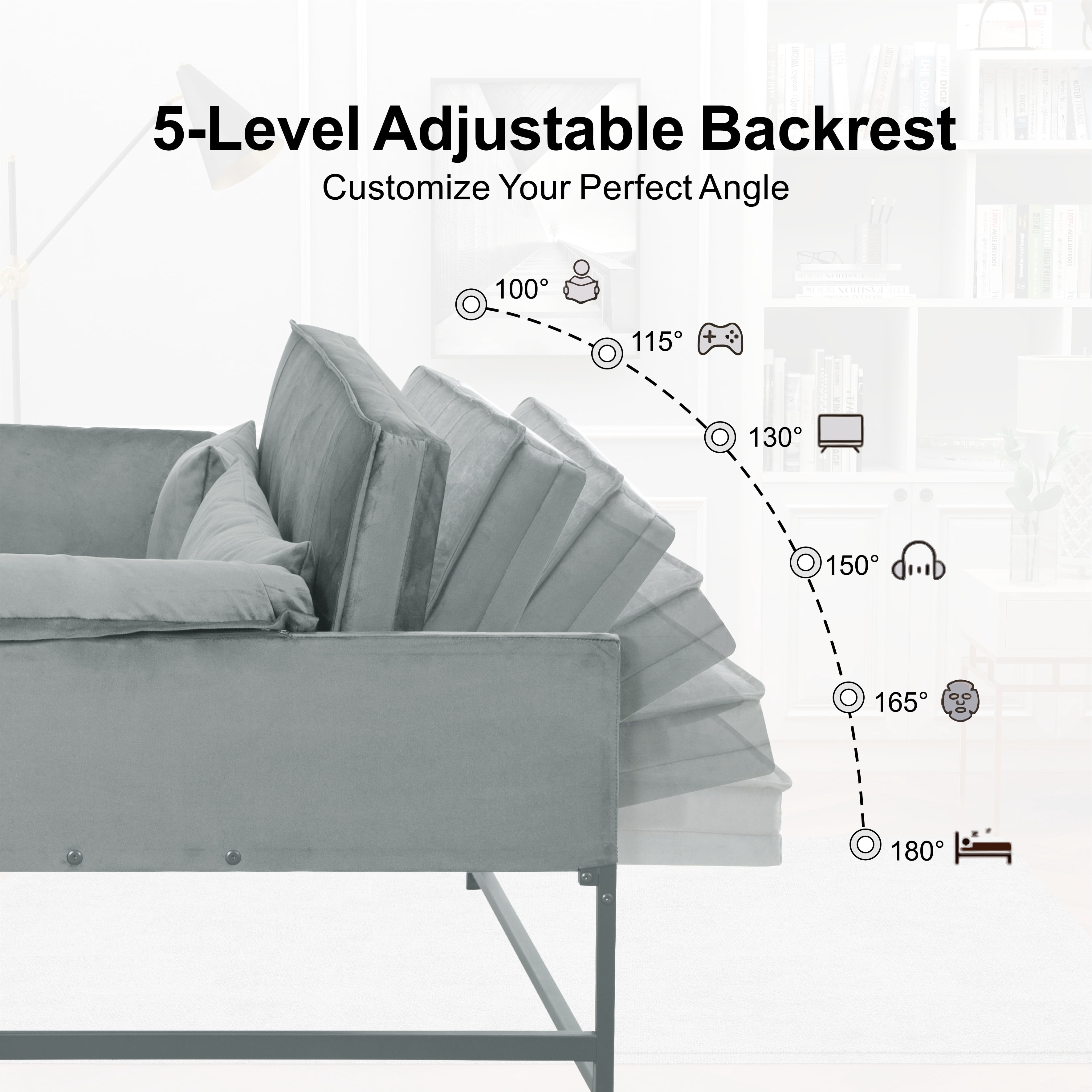 Gewnee 46"Convertible Sleeper Sofa – Pull-out Bed with 5 Reclining Positions,Movable Arm Cushion,Ideal for Apartment,Office,Guest Room.Gray