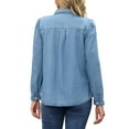 thumbnail image 3 of Women Denim Tops Pleated Front Puff Long Sleeve Lightweight Button Down Jean Shirts S Blue, 3 of 6