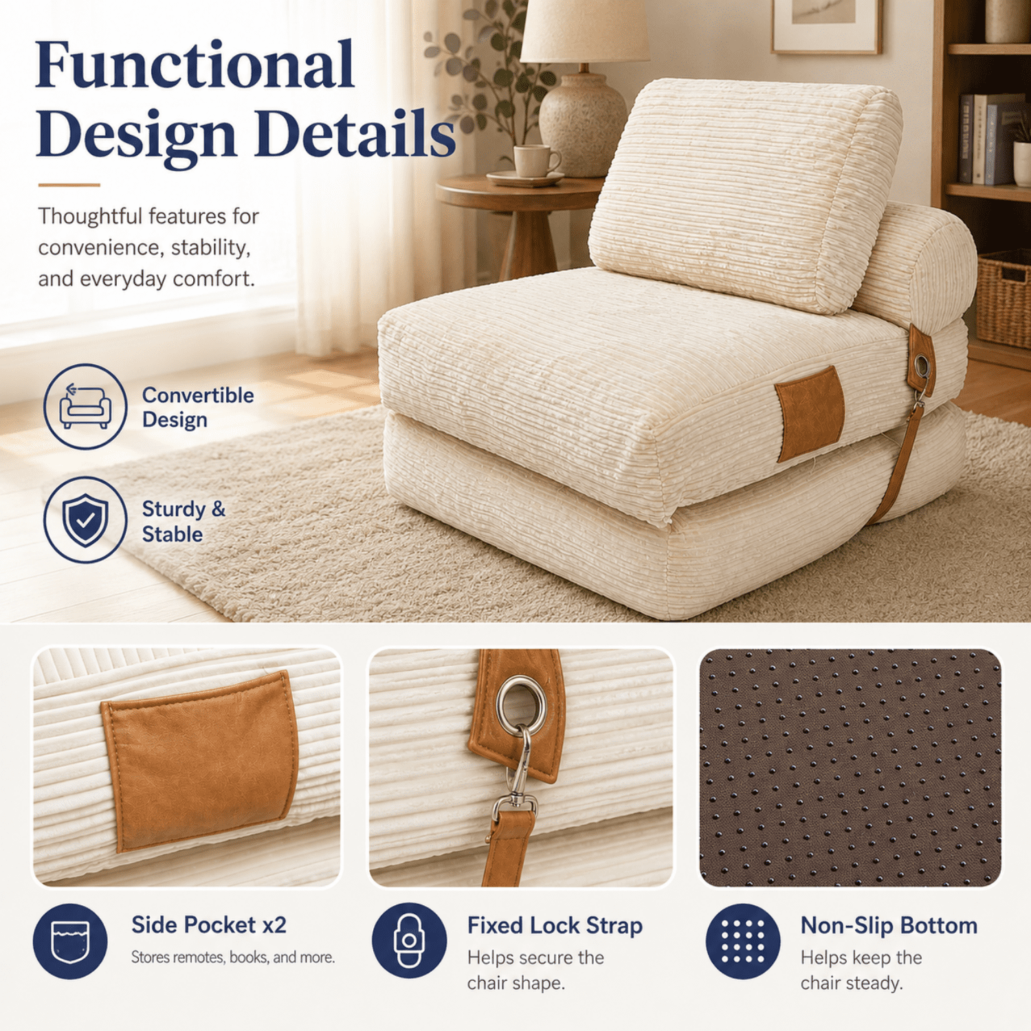 Miniyam Folding Floor Chair Bed, 3-in-1 Convertible Floor Sofa Bed with Flannelette Upholstery and Side Pockets, White