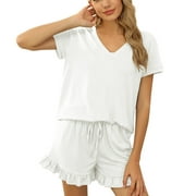 Ladies Homewear Short Sleeve V-Neck Top Shorts Pajamas Casual Two Piece Set