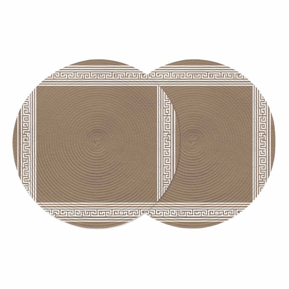 Brown Geometric Round 15 Inch Placemats Set of 2, Vintage Greece Key HeatResistant Non Slip Place Mats for Dining Table, Wipeable Braided Kitchen Table Mats for Housewarming
