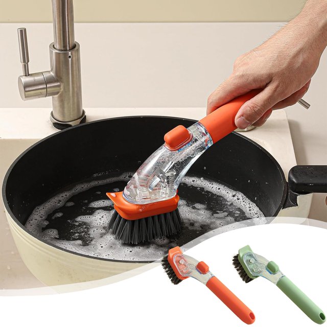 Cepillo para ollas de cocina antimanchas con dispensador de jabón, resistente a salpicaduras, limpiador de prensa de 10,24 pulgadas, verde o naranja Yulucky