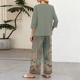 thumbnail image 7 of Vintage Ditsy Floral Print Two Piece Set for Women, 3/4 Sleeve Button Down Top & Wide Leg Pants - Retro Boho Casual Lounge Outfit with Flowy Trousers Army Green L, 7 of 7