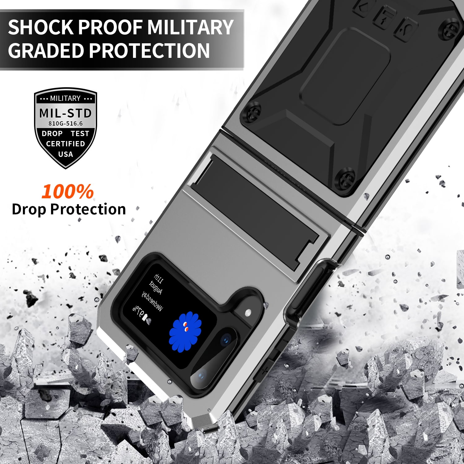 ELEHOLD for Samsung Galaxy Z Flip 4/3 6.7" Case, Heavy Duty Armor Built-in Explosion-Proof Tempered Glass Screen Protector Wireless Charging Hang Rope Hidden Kickstand Shockproof Rugged Case,Silver