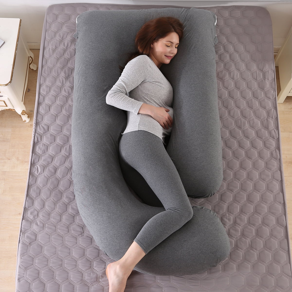 SHANNA 57in Full Body Pillow, Nursing, Maternity and Pregnancy Body Pillow, Extra Large J Shape Pillow and Lounger with Removable Cotton Cover-Dark Gray