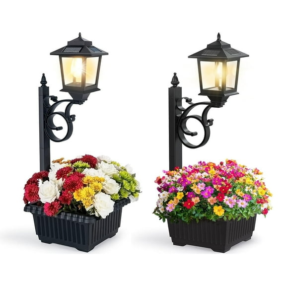 HOODINK 2 Pack Solar Lamp Post Light with Planter, 3000K Waterproof 2 in 1 Outdoor Flower Pots for Lawn