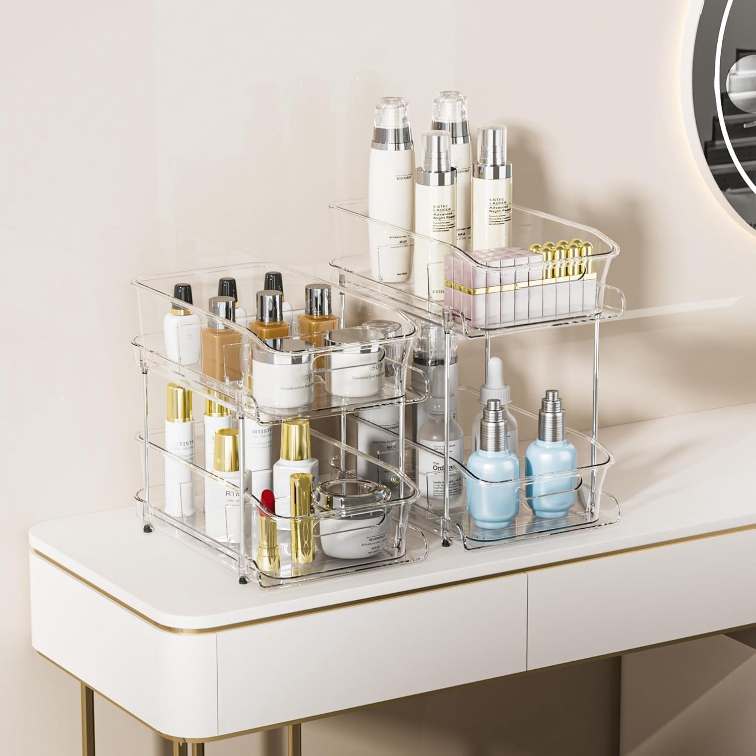 2-Tier Under Sink Organizers and Storage, Multi-Purpose Stackable Bathroom Cabinet organizers, Pull Out Kitchen Pantry Organization and Storage with Dividers(2 Pack, Clear)