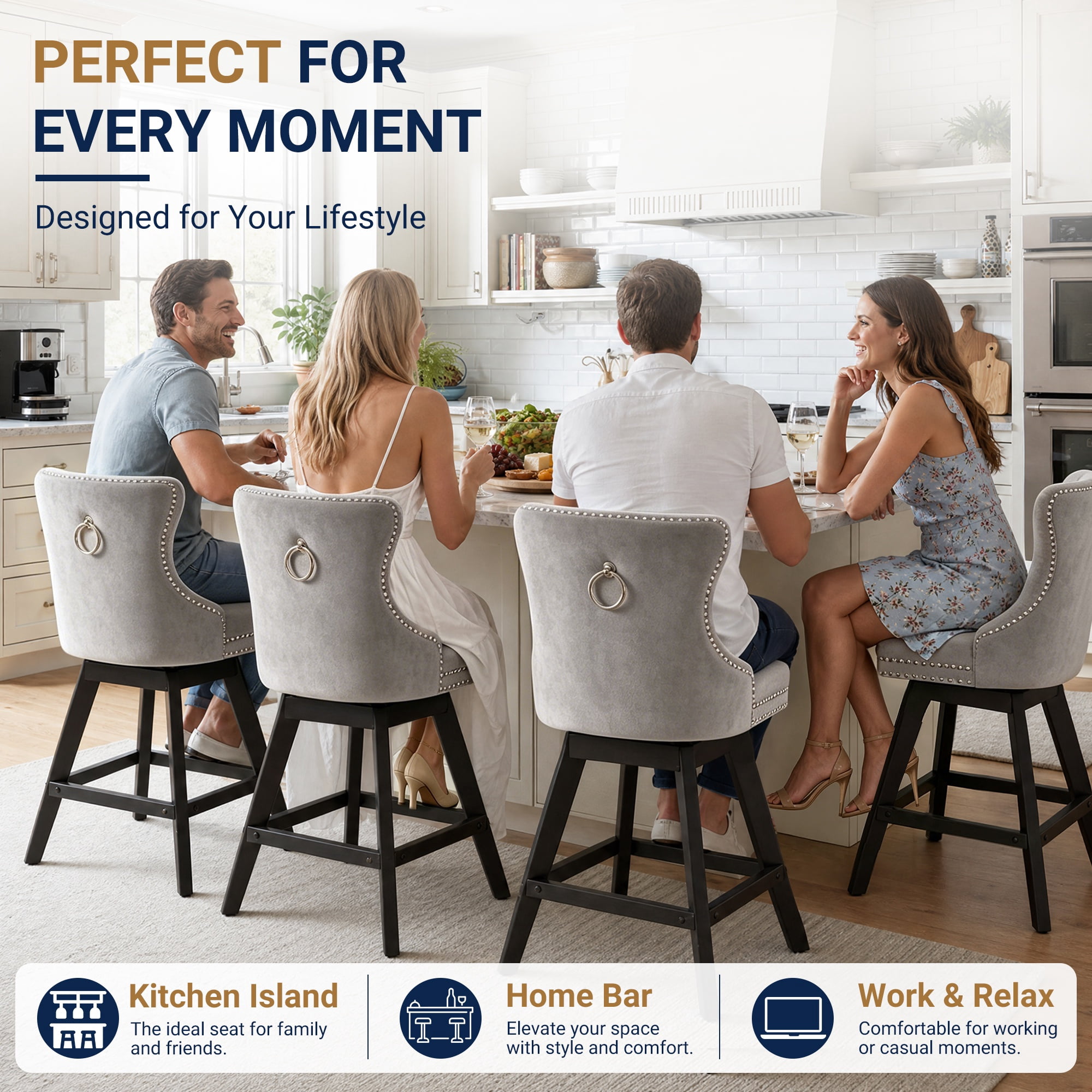 Swivel Bar Stools Set of 4, 26" Counter Height Bar Stools with Back, Farmhouse Velvet Barstools for 34–38" Kitchen Island, Gray (Set of 4)