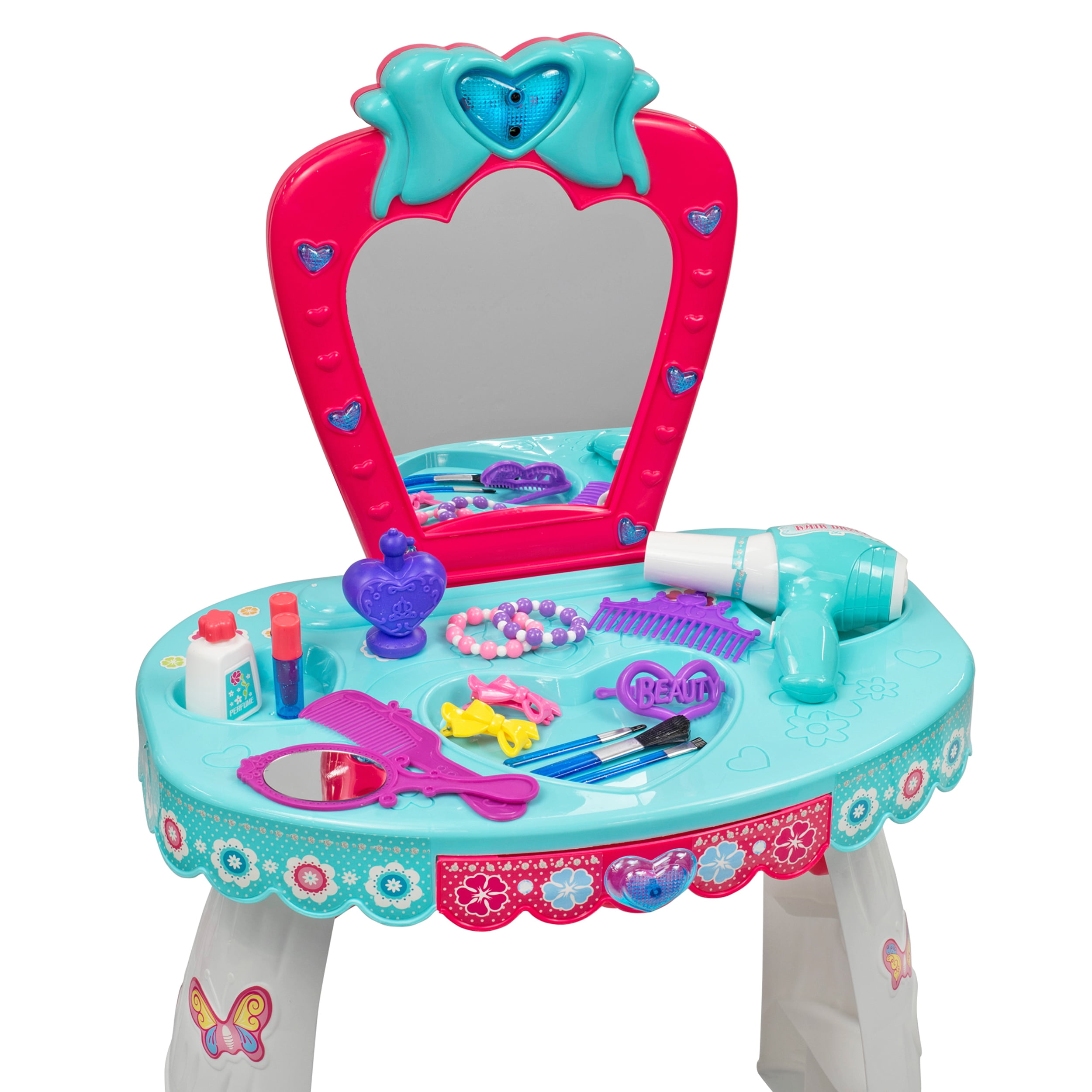 KNP Brands Kids Plastic Vanity Dressing Table with Stool and 19-Piece Accessories Set