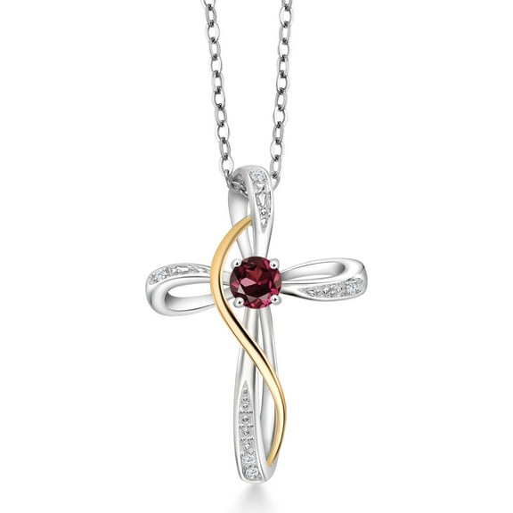Gem Stone King 925 Sterling Silver and 10K Yellow Gold Red Rhodolite Garnet and White Lab Grown Diamond Infinity Cross Pendant Necklace for Women (0.40 Cttw, with 18 inch Chain)