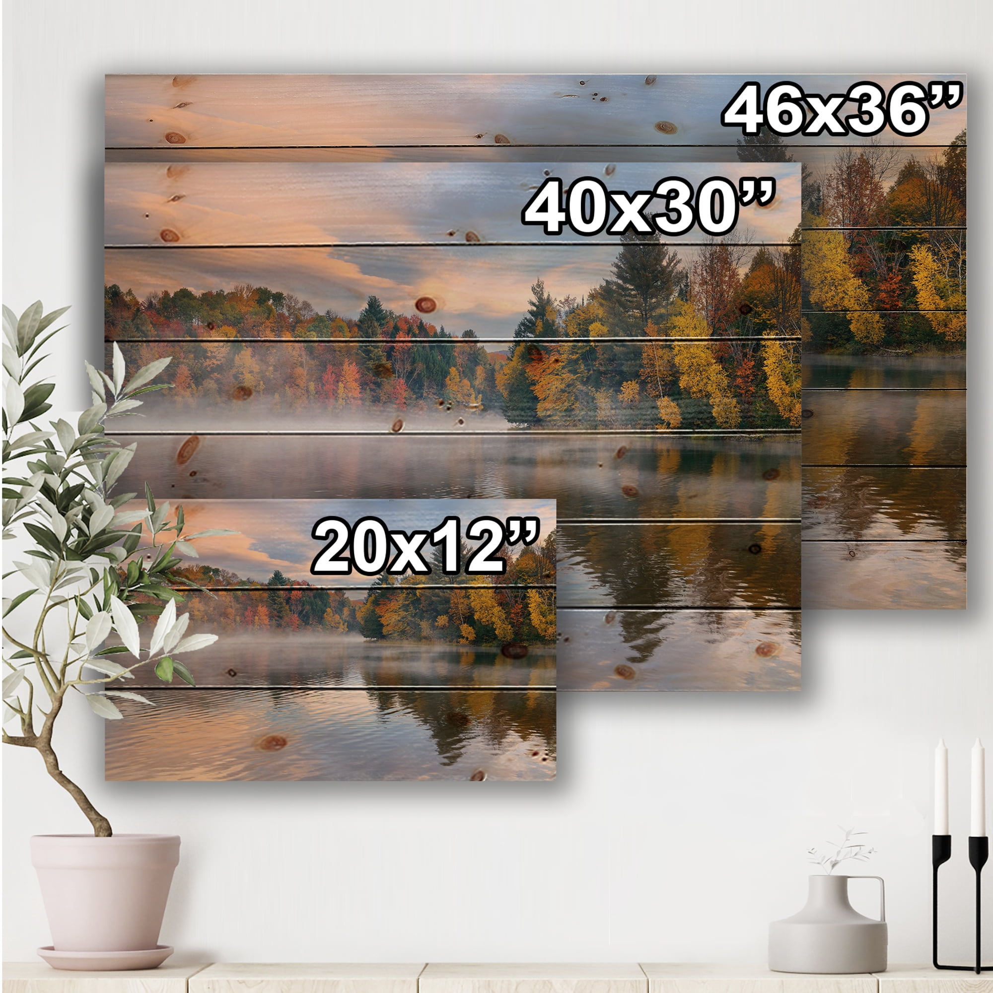 Designart 'The Lakeside with Autumn Foliage' Traditional Print on Natural Pine Wood