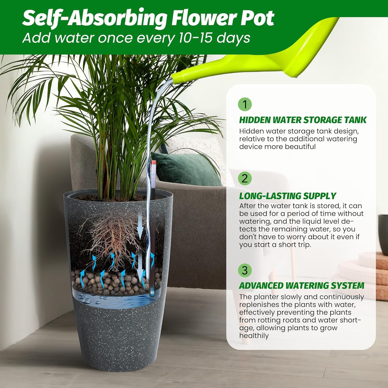 16/22" Tall Round Planter Set of 2, Self Watering Pots for Indoor Plants, Large Flower Pot Outdoor with Built-in Drainage and a Water Level Monitor, for Patio, Porch, Living Room, or Home Office