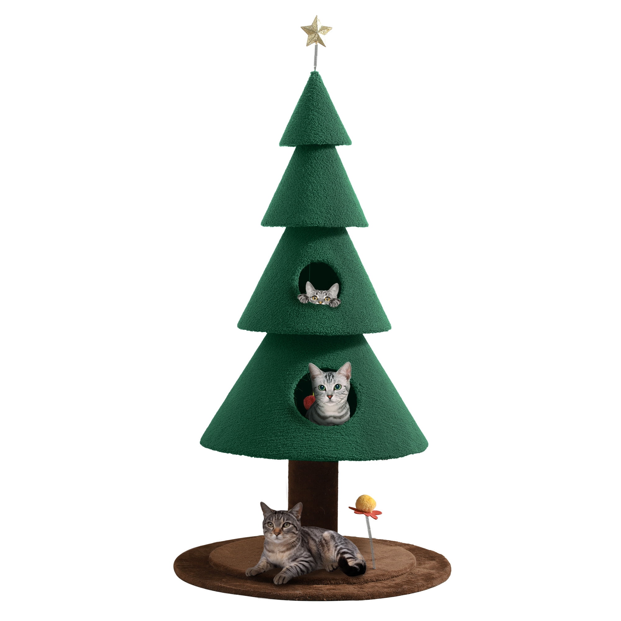 Uforic 60 Inch Christmas Themed Cat Tree, Multi-Level Festive Cat Tower with 2 Semi-Enclosed Cat Houses for Holiday Home Decor
