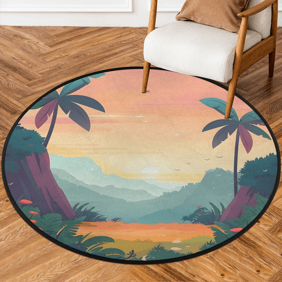 CURLYOOT Round Rug 3ft Mountains with Tree Tropical Area Rug, Washable Circle Mat Non Slip Floor Carpet Mat, Soft Indoor Rugs for Entryway Living Room Dining Room Bedroom
