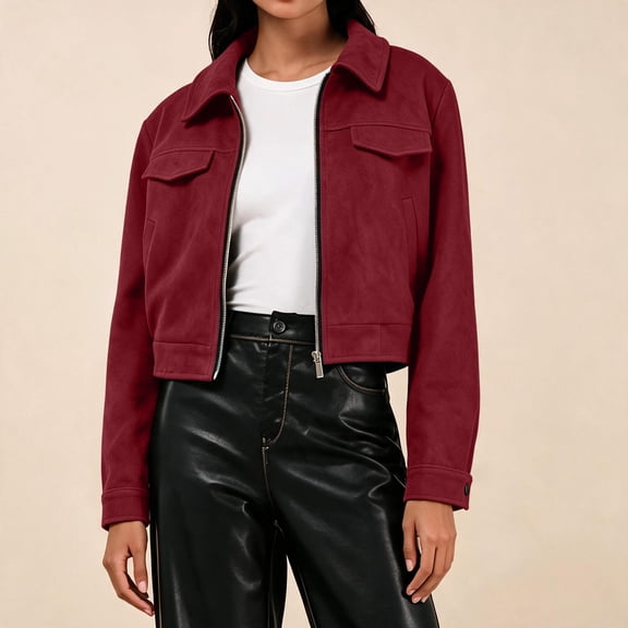 Womens Suede Cropped Zip Up Jacket Long Sleeve Casual Coat Red XL