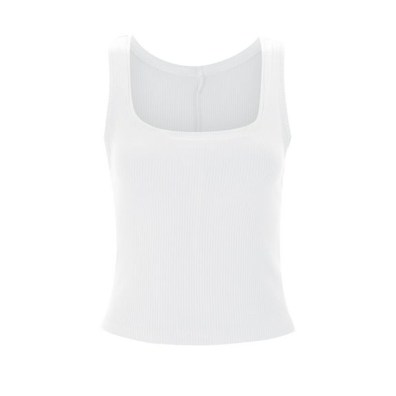 Wang6 Ribbed Tank Tops for Women Causal Sleeveless Square Neck Tops Summer Slim Fit Workout Tees Cami T-Shirts White XS