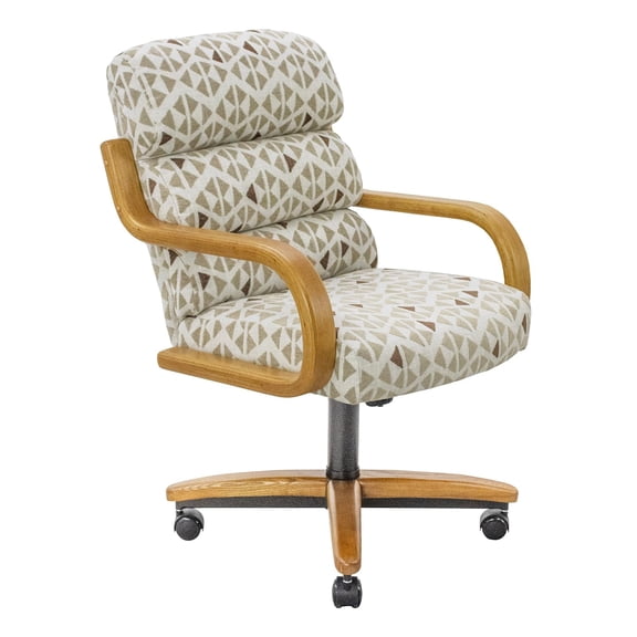 Chromcraft Swivel-Tilt Dining Chairs on Casters, Chestnut Solid Wood Accents, Textured Bronze Pedestal Base, Bodega Mineral Upholstery, set of 1