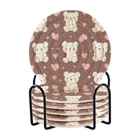 

6-Pack Polyester Coil Coasters with Holder - Heat-Resistant (140℃) Non-Slip & Durable，Bear and Heart