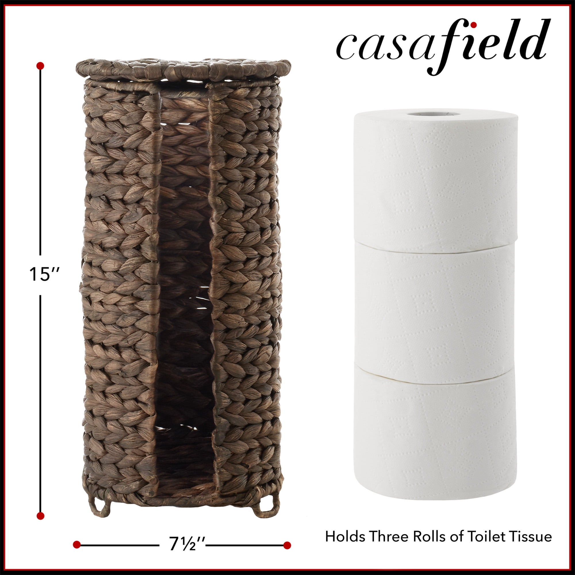 Casafield Toilet Paper Roll Holder with Lid - Espresso Dark Brown, Fits 3 Rolls, Free Standing Hyacinth Bath Tissue Storage Organizer for Bathroom